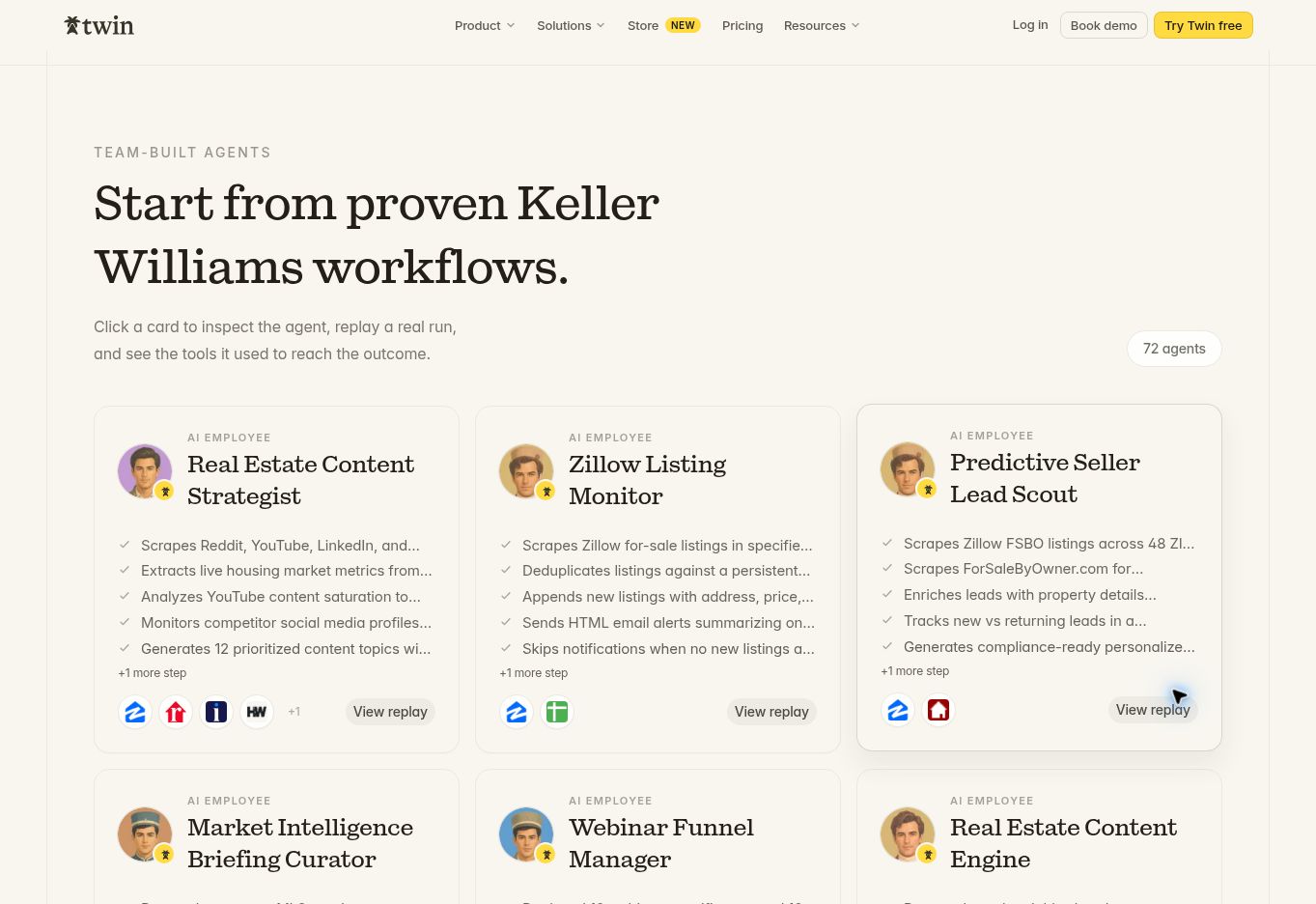 KW × Twin agent library showing workflow cards for content strategy, listing monitoring, and seller lead research.